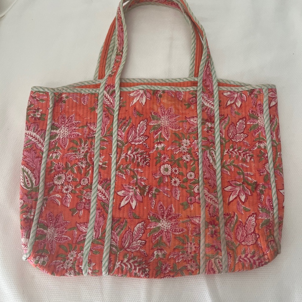 Block print bag coral and pink